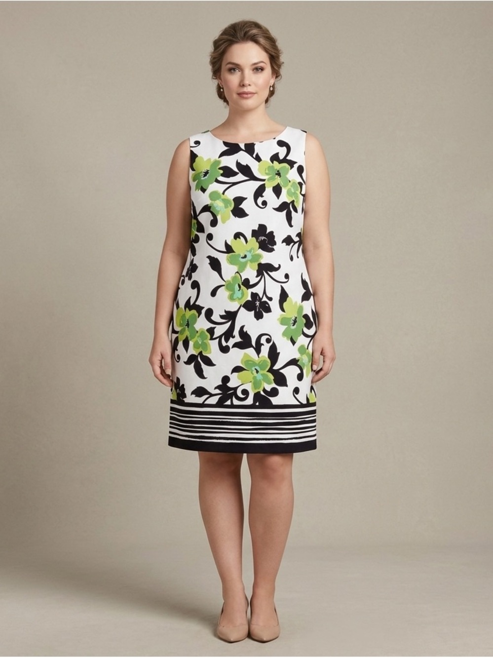 JESSICA HOWARD Sheath Dress White Green Black Large Floral Print Sz 14‎